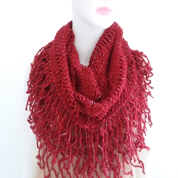 Warm Cozy Burgundy Shimmer Fringed Infinity Scarf - Picture 2 of 6